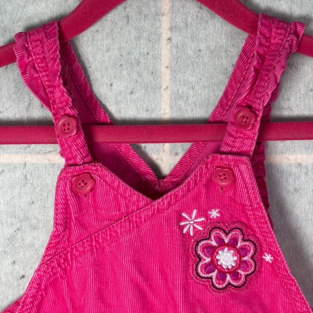 OshKosh Bgosh Corduroy Overalls Baby Girls 12M Pink Floral Embroidery Ruffle Hem